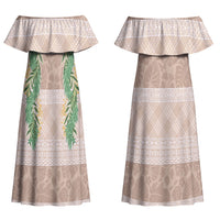 Hawai'i Paniolo Maile Twisted Lei Couples Matching Off Shoulder Maxi Dress and Hawaiian Shirt Almond Brown LT7 - Polynesian Pride