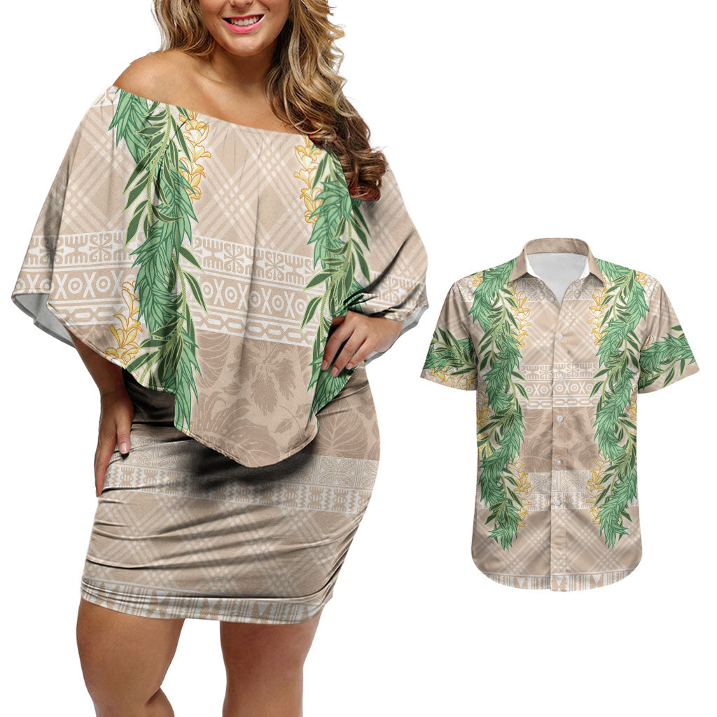 Hawai'i Paniolo Maile Twisted Lei Couples Matching Off Shoulder Short Dress and Hawaiian Shirt Almond Brown LT7 Brown - Polynesian Pride