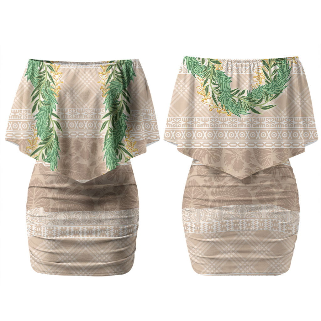 Hawai'i Paniolo Maile Twisted Lei Couples Matching Off Shoulder Short Dress and Hawaiian Shirt Almond Brown LT7 - Polynesian Pride