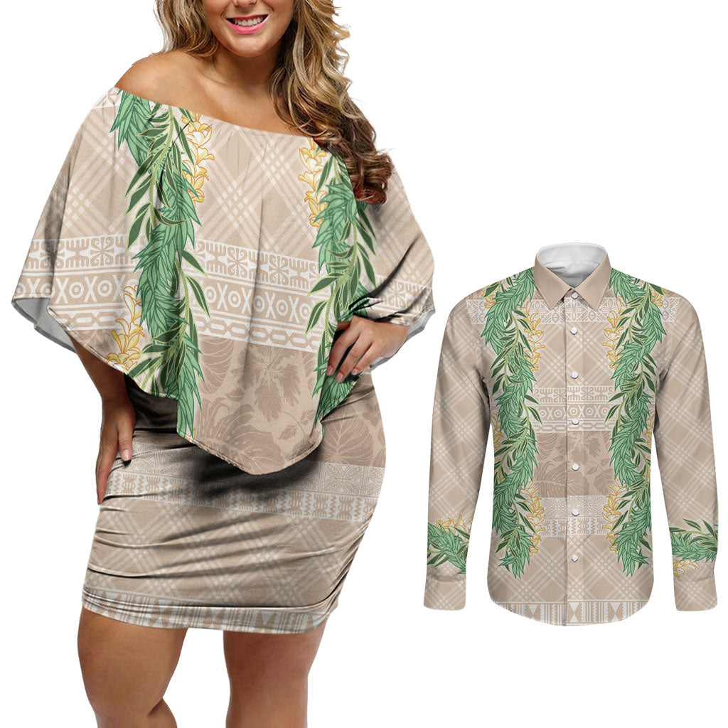 Hawai'i Paniolo Maile Twisted Lei Couples Matching Off Shoulder Short Dress and Long Sleeve Button Shirt Almond Brown LT7 Brown - Polynesian Pride