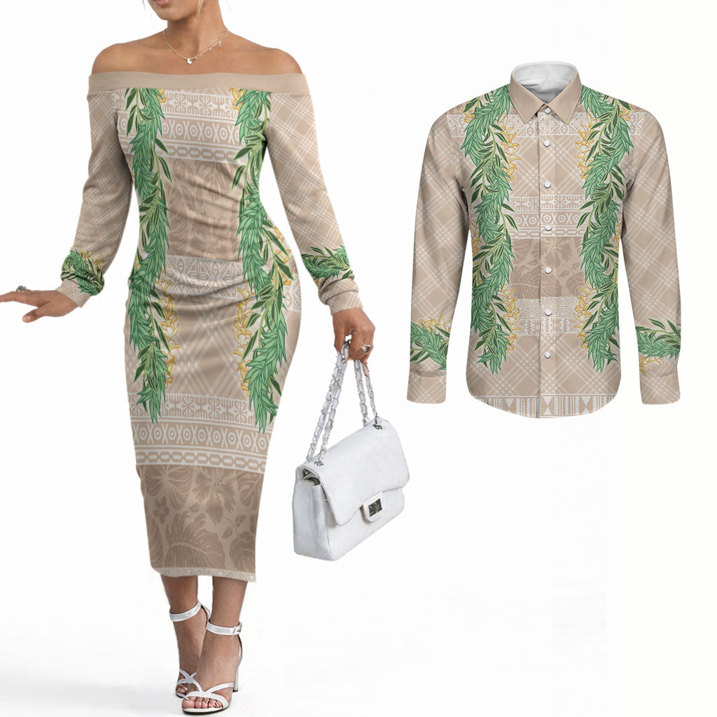 Hawai'i Paniolo Maile Twisted Lei Couples Matching Off The Shoulder Long Sleeve Dress and Long Sleeve Button Shirt Almond Brown LT7 Brown - Polynesian Pride