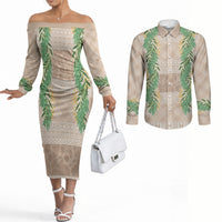 Hawai'i Paniolo Maile Twisted Lei Couples Matching Off The Shoulder Long Sleeve Dress and Long Sleeve Button Shirt Almond Brown LT7 Brown - Polynesian Pride