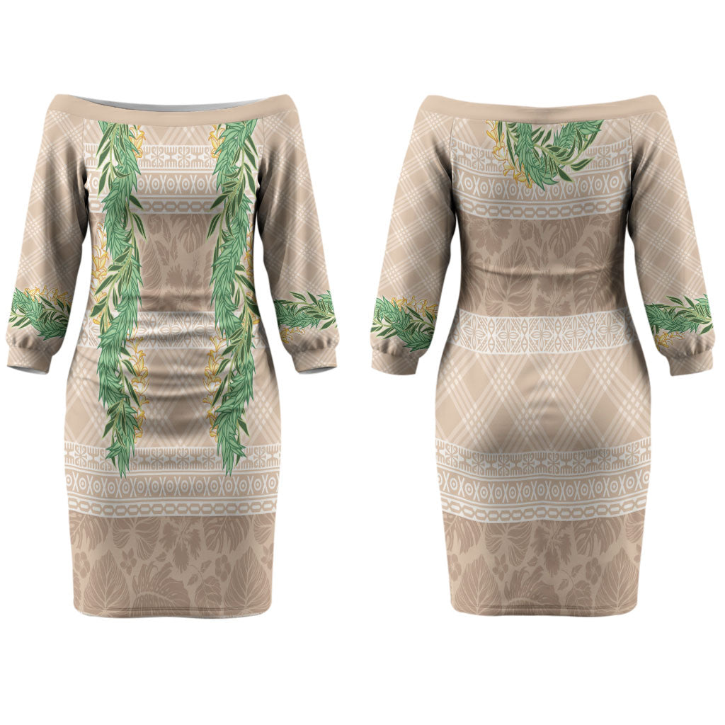 Hawai'i Paniolo Maile Twisted Lei Couples Matching Off The Shoulder Long Sleeve Dress and Long Sleeve Button Shirt Almond Brown LT7 - Polynesian Pride