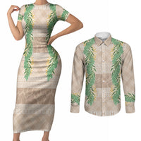 Hawai'i Paniolo Maile Twisted Lei Couples Matching Short Sleeve Bodycon Dress and Long Sleeve Button Shirt Almond Brown LT7 Brown - Polynesian Pride