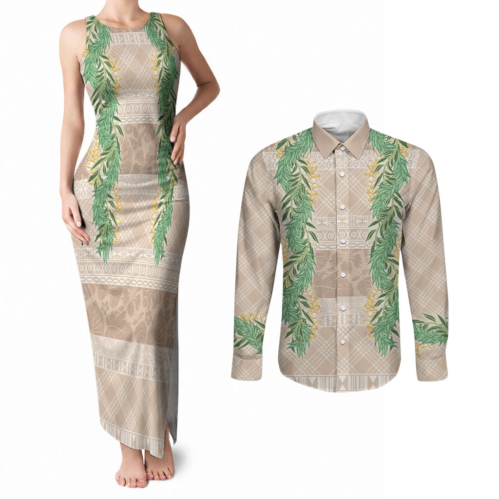 Hawai'i Paniolo Maile Twisted Lei Couples Matching Tank Maxi Dress and Long Sleeve Button Shirt Almond Brown LT7 Brown - Polynesian Pride