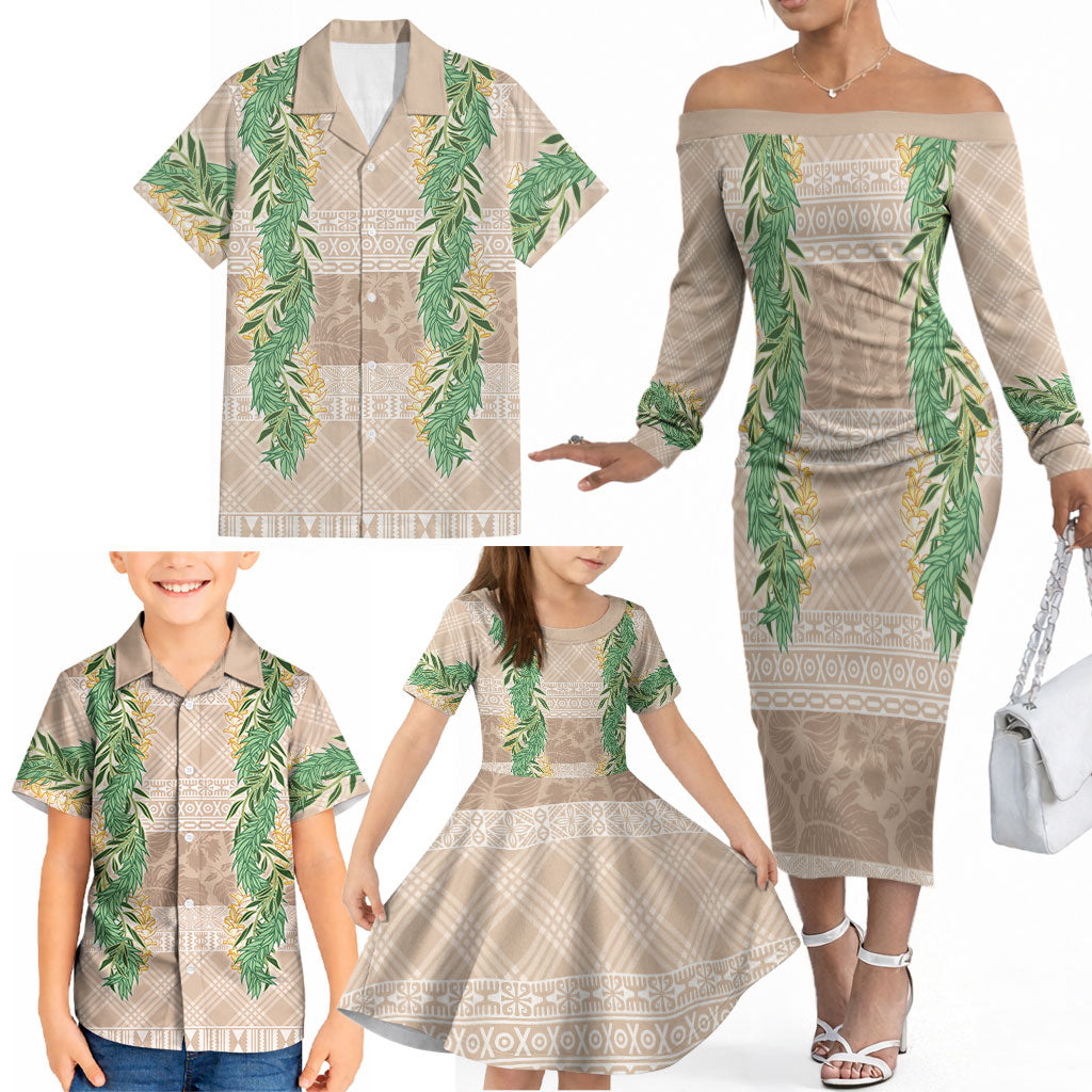 Hawai'i Paniolo Maile Twisted Lei Family Matching Off The Shoulder Long Sleeve Dress and Hawaiian Shirt Almond Brown LT7 - Polynesian Pride