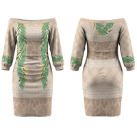 Hawai'i Paniolo Maile Twisted Lei Family Matching Off The Shoulder Long Sleeve Dress and Hawaiian Shirt Almond Brown LT7 Mom's Dress Brown - Polynesian Pride