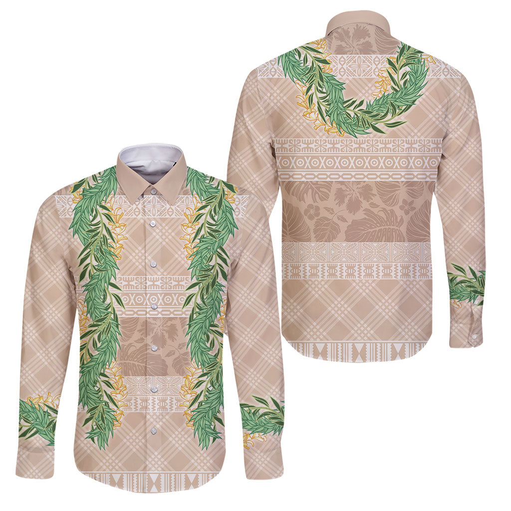 Hawai'i Paniolo Maile Twisted Lei Family Matching Off Shoulder Maxi Dress and Hawaiian Shirt Almond Brown LT7 Dad's Shirt - Long Sleeve Brown - Polynesian Pride