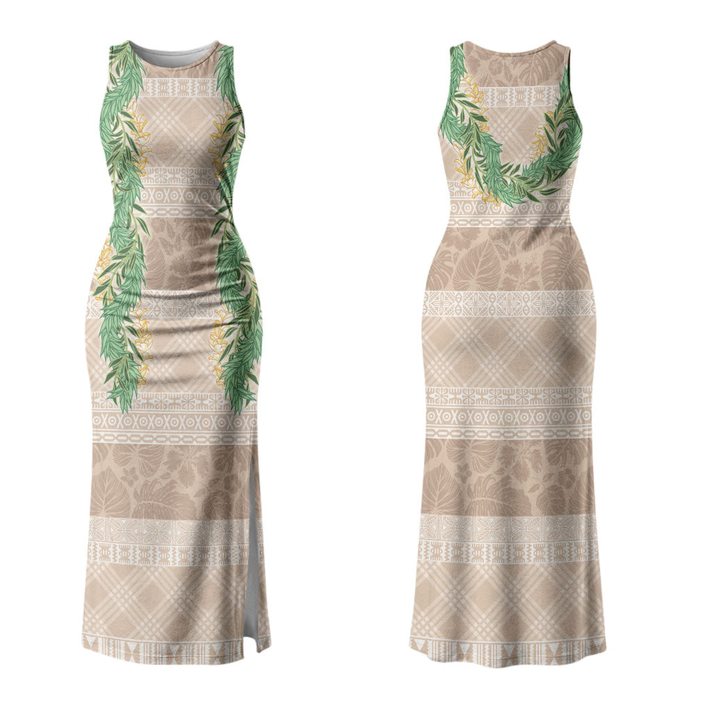 Hawai'i Paniolo Maile Twisted Lei Family Matching Tank Maxi Dress and Hawaiian Shirt Almond Brown LT7 Mom's Dress Brown - Polynesian Pride