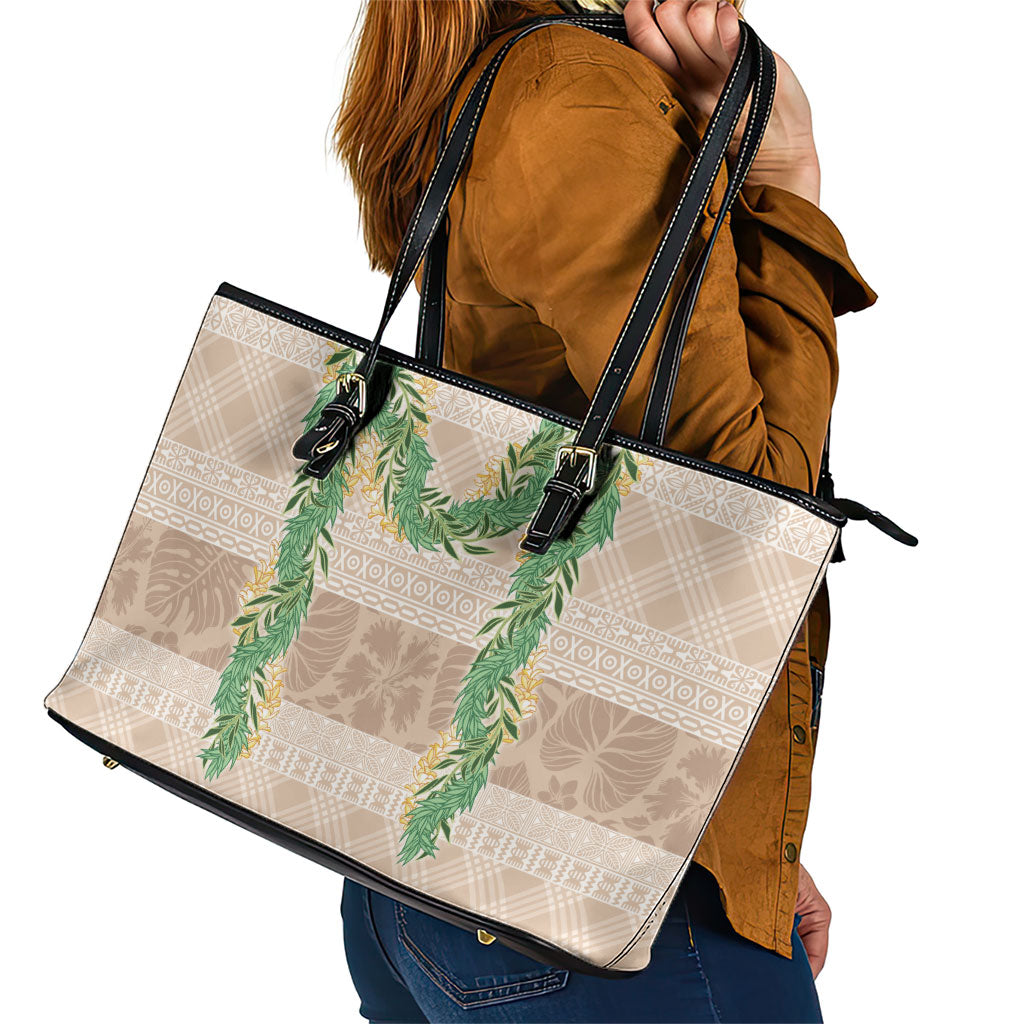 Hawai'i Paniolo Maile Twisted Lei Leather Tote Bag Almond Brown LT7 - Polynesian Pride