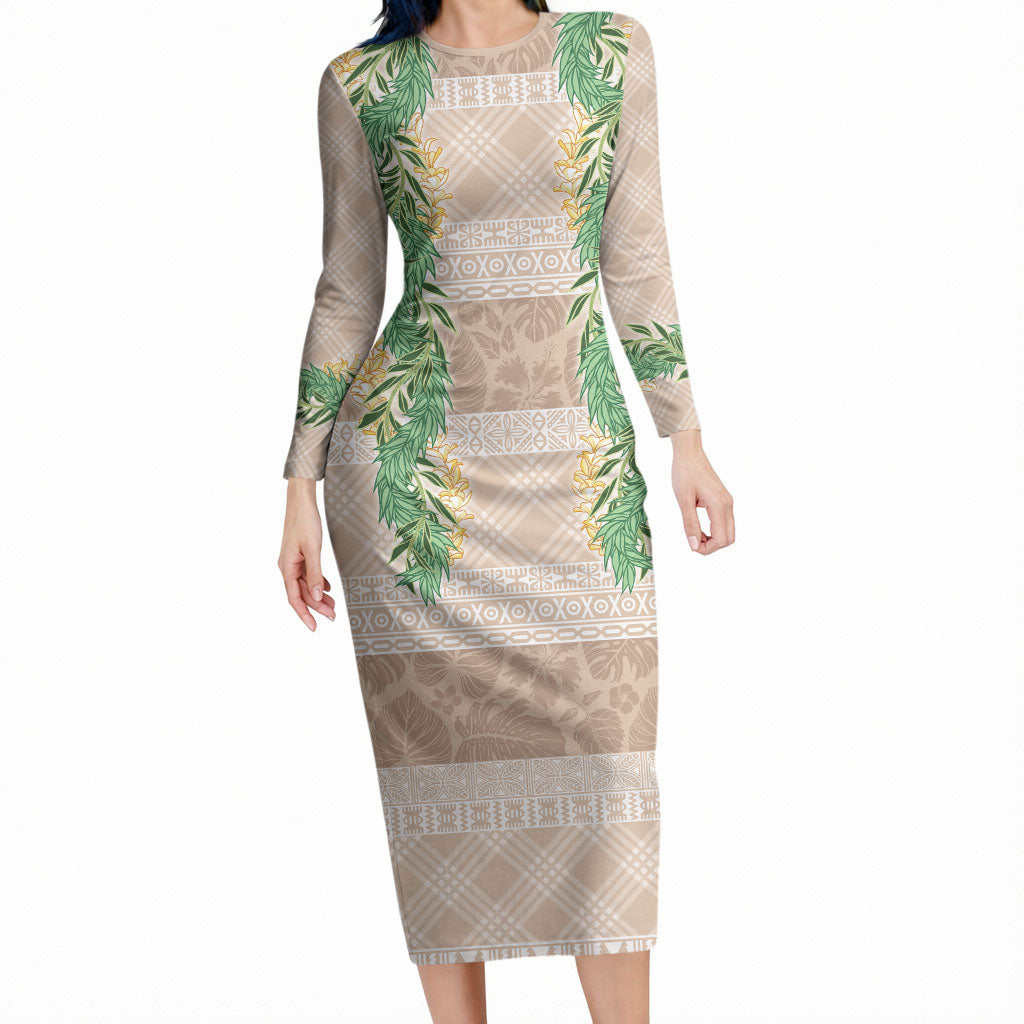 Hawai'i Paniolo Maile Twisted Lei Long Sleeve Bodycon Dress Almond Brown LT7 Long Dress Brown - Polynesian Pride