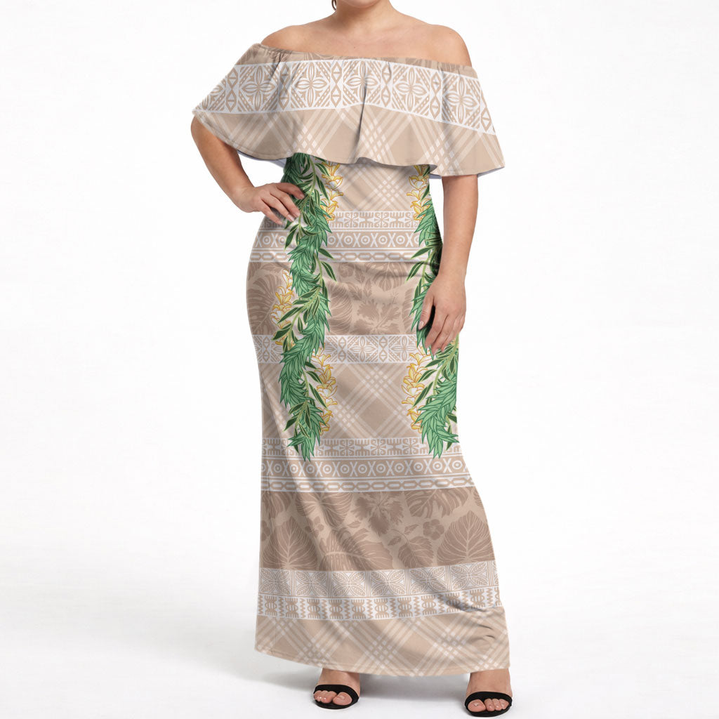 Hawai'i Paniolo Maile Twisted Lei Off Shoulder Maxi Dress Almond Brown LT7 Women Brown - Polynesian Pride