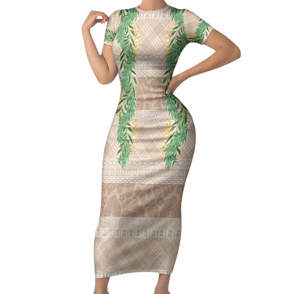 Hawai'i Paniolo Maile Twisted Lei Short Sleeve Bodycon Dress Almond Brown LT7 Long Dress Brown - Polynesian Pride