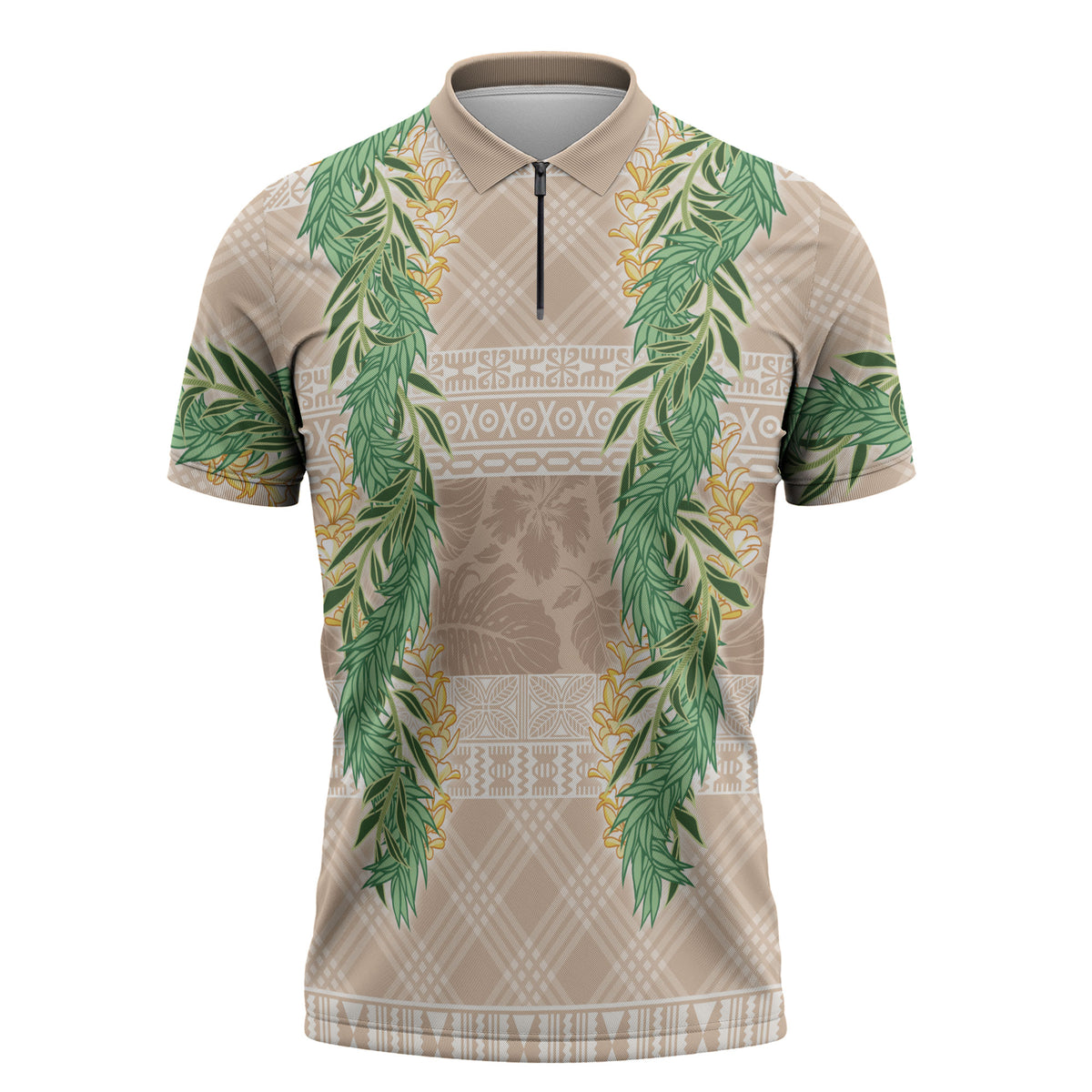 Hawai'i Paniolo Maile Twisted Lei Zipper Polo Shirt Almond Brown LT7 Brown - Polynesian Pride