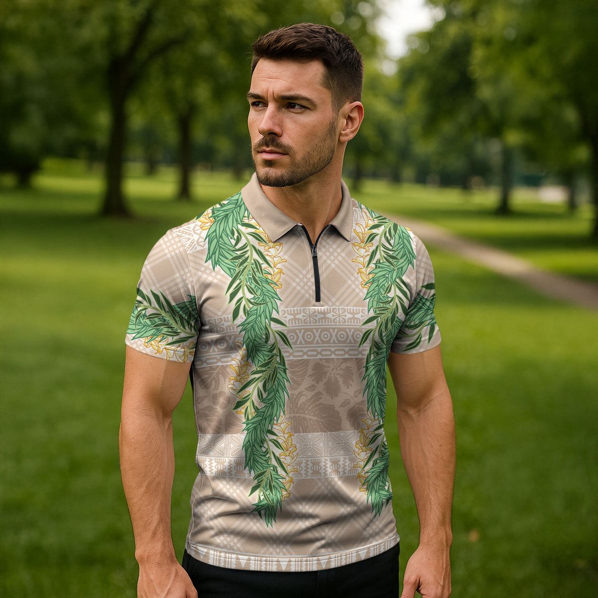 Hawai'i Paniolo Maile Twisted Lei Zipper Polo Shirt Almond Brown LT7 - Polynesian Pride