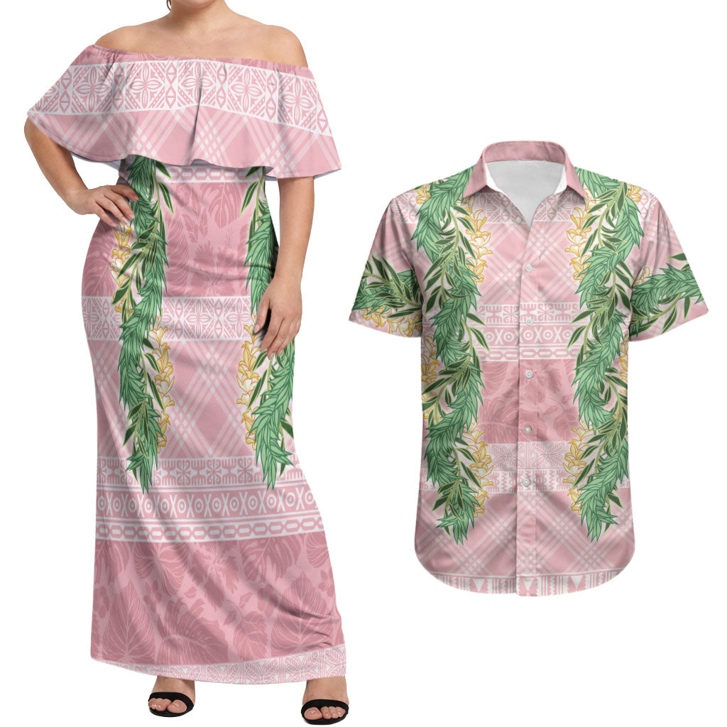 Hawai'i Paniolo Maile Twisted Lei Couples Matching Off Shoulder Maxi Dress and Hawaiian Shirt Dusty Rose LT7 Dusty Rose - Polynesian Pride