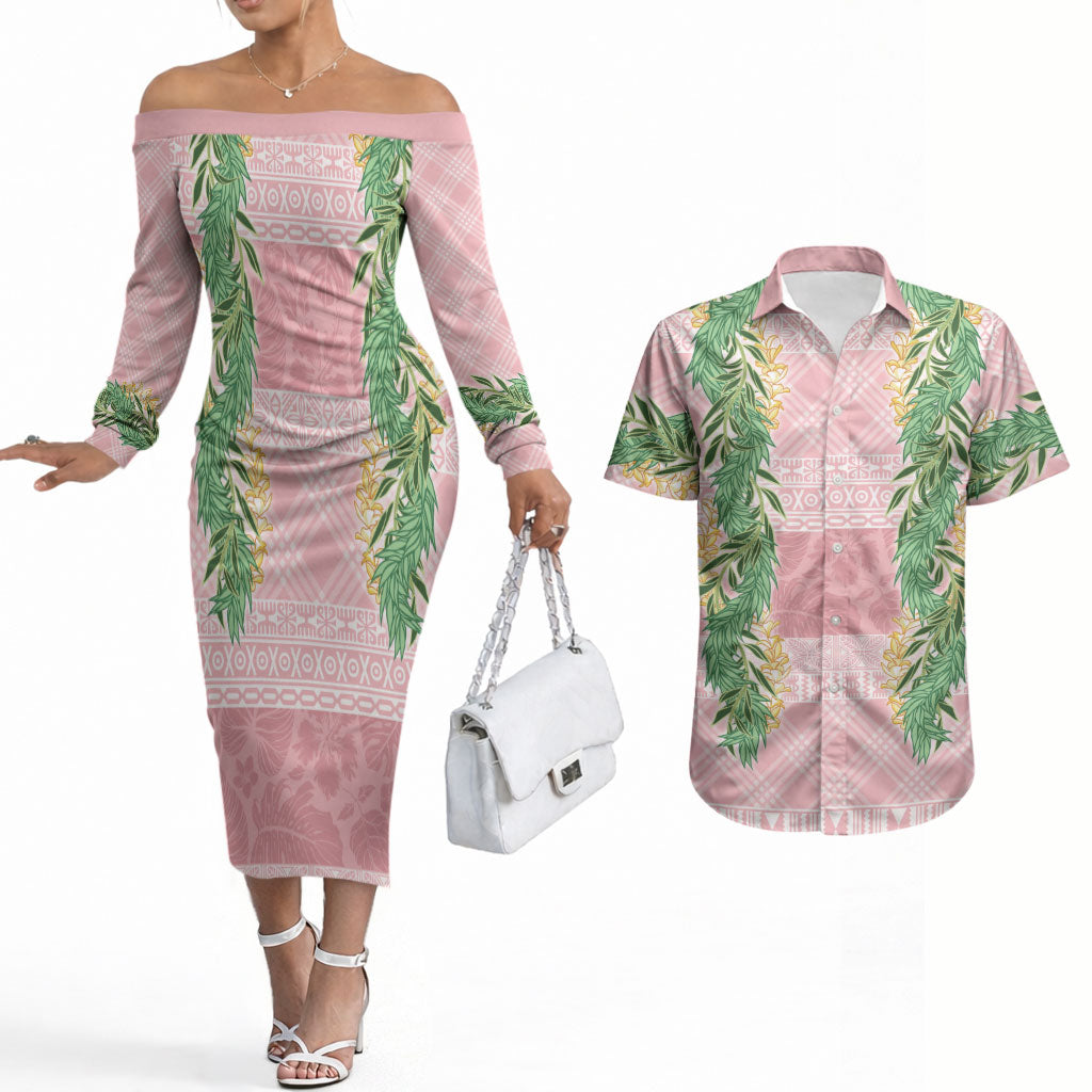 Hawai'i Paniolo Maile Twisted Lei Couples Matching Off The Shoulder Long Sleeve Dress and Hawaiian Shirt Dusty Rose LT7 Dusty Rose - Polynesian Pride