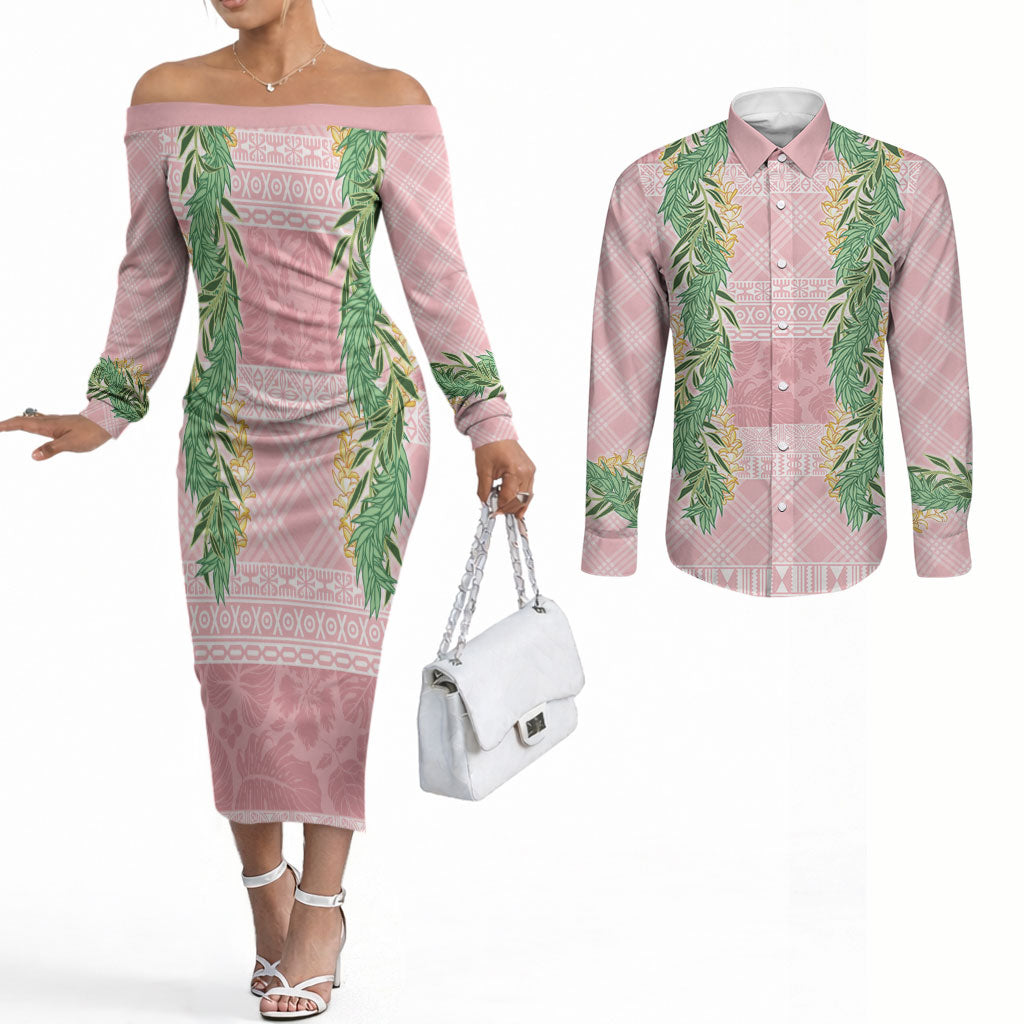 Hawai'i Paniolo Maile Twisted Lei Couples Matching Off The Shoulder Long Sleeve Dress and Long Sleeve Button Shirt Dusty Rose LT7 Dusty Rose - Polynesian Pride