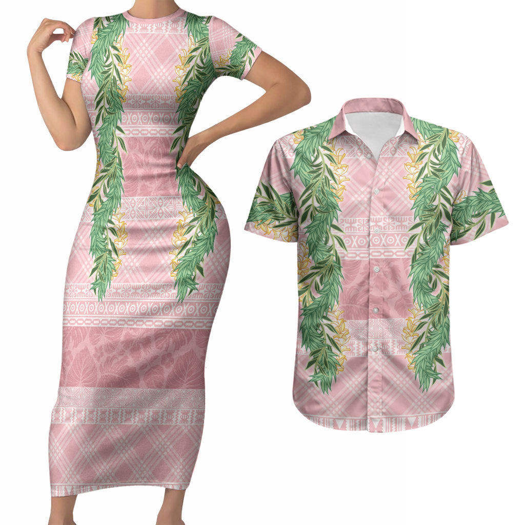 Hawai'i Paniolo Maile Twisted Lei Couples Matching Short Sleeve Bodycon Dress and Hawaiian Shirt Dusty Rose LT7 Dusty Rose - Polynesian Pride