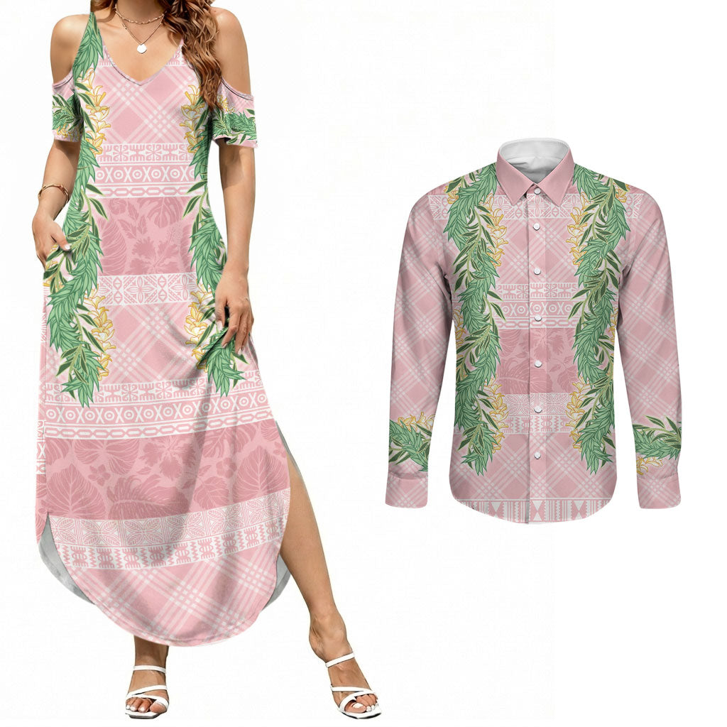 Hawai'i Paniolo Maile Twisted Lei Couples Matching Summer Maxi Dress and Long Sleeve Button Shirt Dusty Rose LT7 Dusty Rose - Polynesian Pride