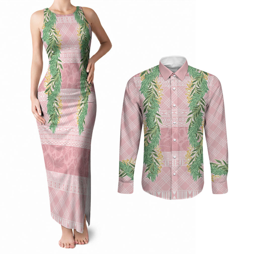 Hawai'i Paniolo Maile Twisted Lei Couples Matching Tank Maxi Dress and Long Sleeve Button Shirt Dusty Rose LT7 Dusty Rose - Polynesian Pride