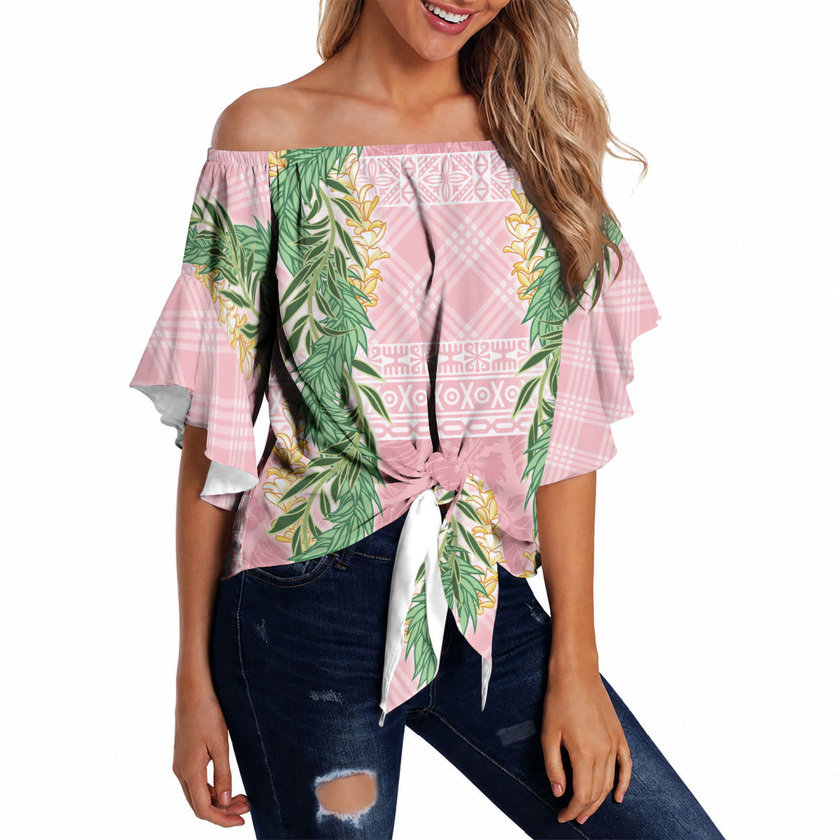 Hawai'i Paniolo Maile Twisted Lei Off Shoulder Wrap Waist Top Dusty Rose LT7 Dusty Rose - Polynesian Pride