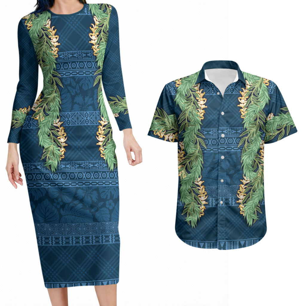 Hawai'i Paniolo Maile Twisted Lei Couples Matching Long Sleeve Bodycon Dress and Hawaiian Shirt Cobalt Blue LT7 Cobalt Blue - Polynesian Pride