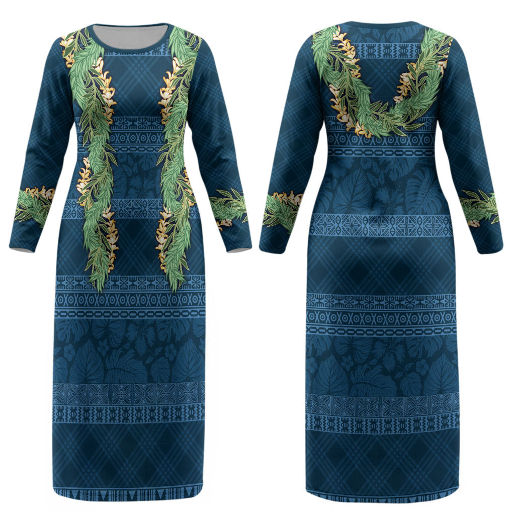 Hawai'i Paniolo Maile Twisted Lei Couples Matching Long Sleeve Bodycon Dress and Hawaiian Shirt Cobalt Blue LT7 - Polynesian Pride