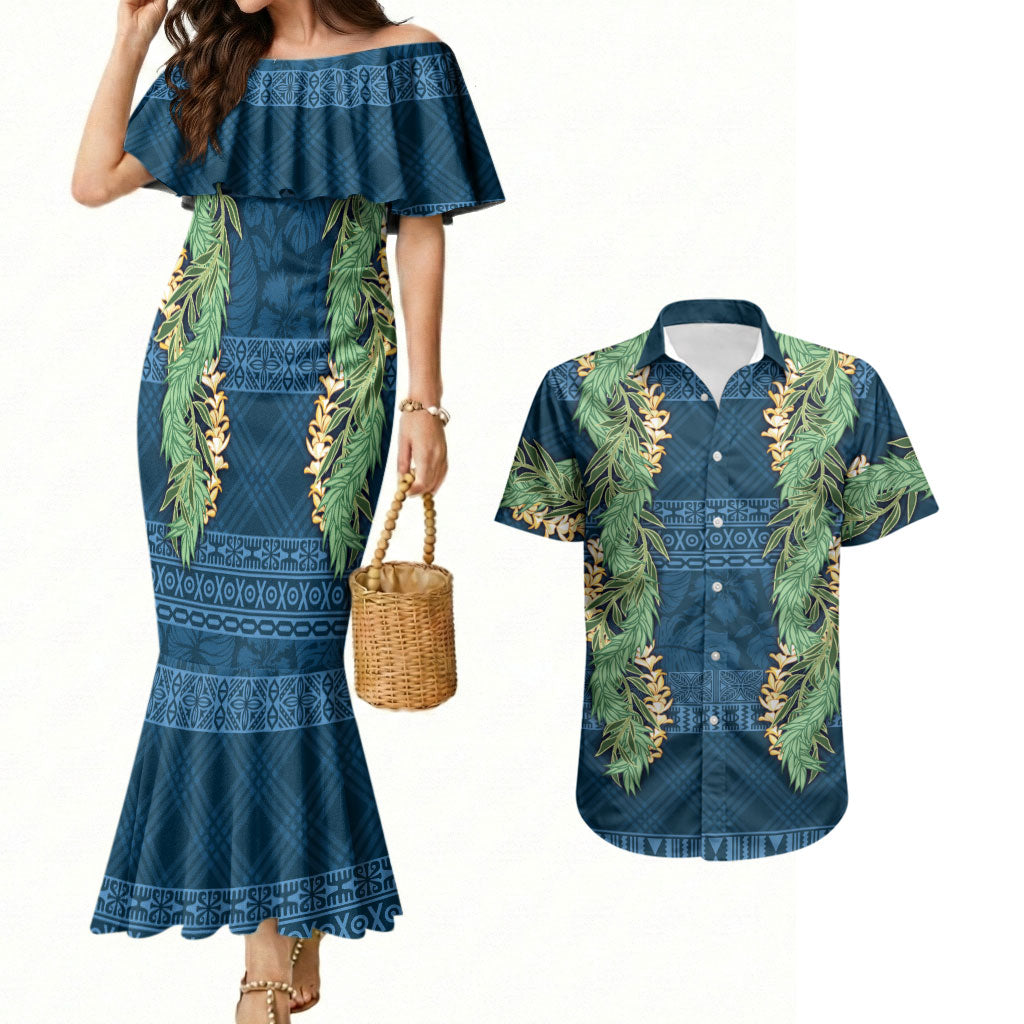 Hawai'i Paniolo Maile Twisted Lei Couples Matching Mermaid Dress and Hawaiian Shirt Cobalt Blue LT7 Cobalt Blue - Polynesian Pride