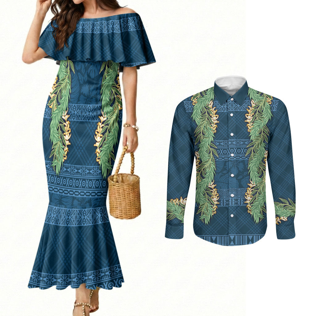 Hawai'i Paniolo Maile Twisted Lei Couples Matching Mermaid Dress and Long Sleeve Button Shirt Cobalt Blue LT7 Cobalt Blue - Polynesian Pride