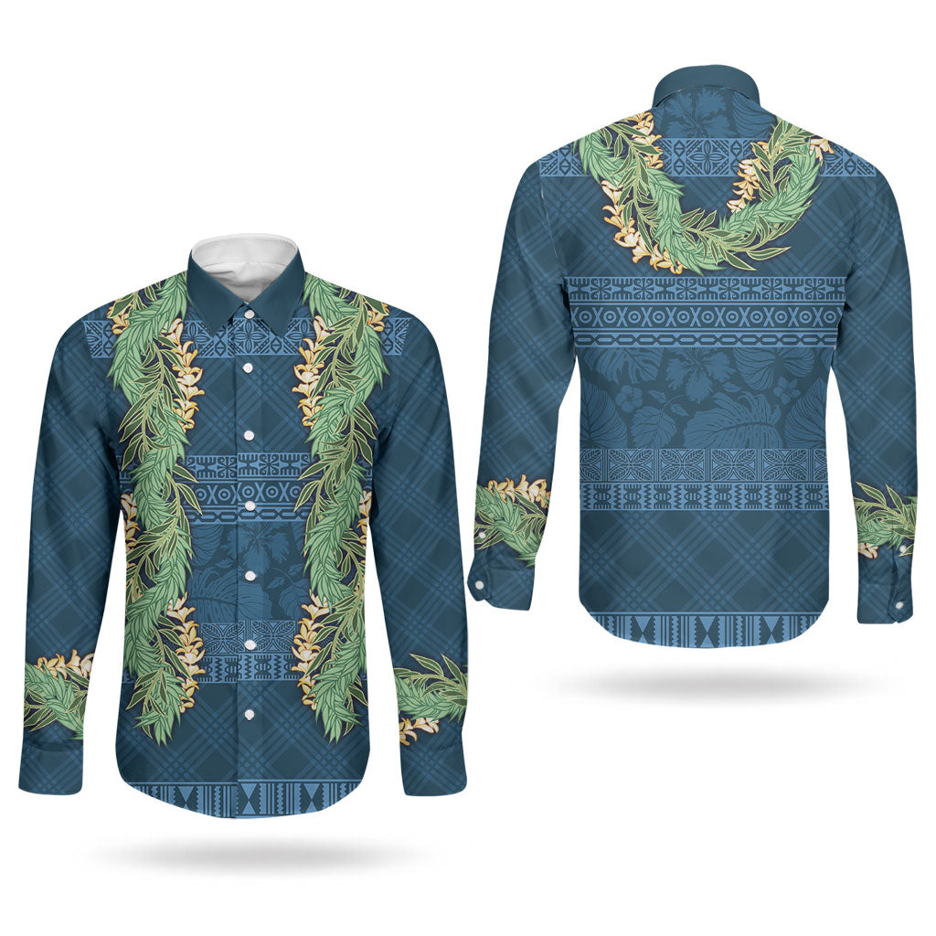 Hawai'i Paniolo Maile Twisted Lei Couples Matching Off Shoulder Maxi Dress and Long Sleeve Button Shirt Cobalt Blue LT7 - Polynesian Pride