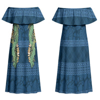 Hawai'i Paniolo Maile Twisted Lei Couples Matching Off Shoulder Maxi Dress and Long Sleeve Button Shirt Cobalt Blue LT7 - Polynesian Pride