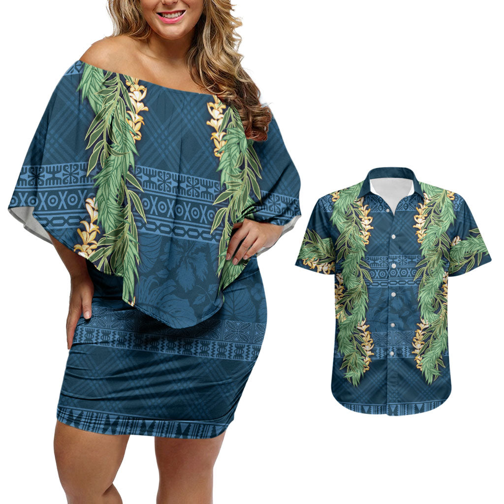 Hawai'i Paniolo Maile Twisted Lei Couples Matching Off Shoulder Short Dress and Hawaiian Shirt Cobalt Blue LT7 Cobalt Blue - Polynesian Pride