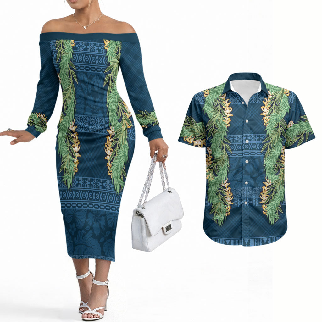 Hawai'i Paniolo Maile Twisted Lei Couples Matching Off The Shoulder Long Sleeve Dress and Hawaiian Shirt Cobalt Blue LT7 Cobalt Blue - Polynesian Pride