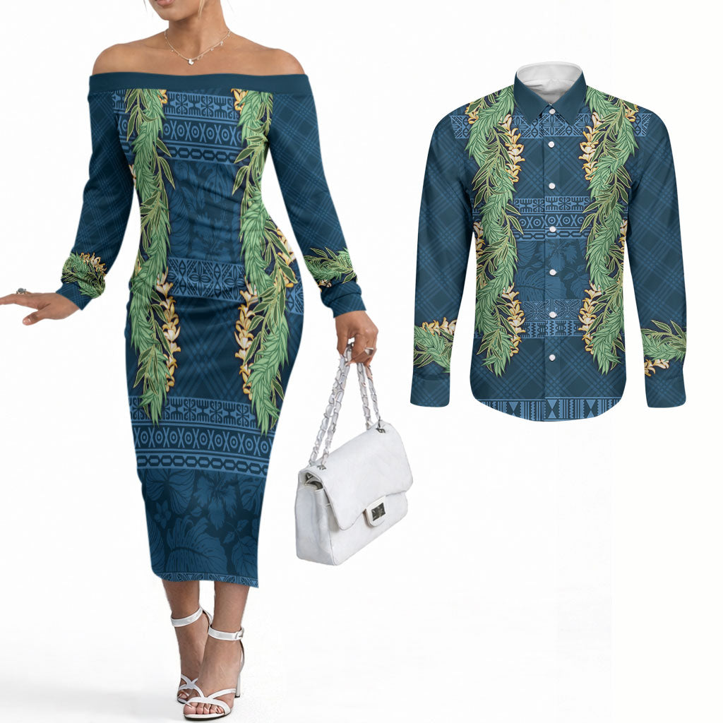 Hawai'i Paniolo Maile Twisted Lei Couples Matching Off The Shoulder Long Sleeve Dress and Long Sleeve Button Shirt Cobalt Blue LT7 Cobalt Blue - Polynesian Pride