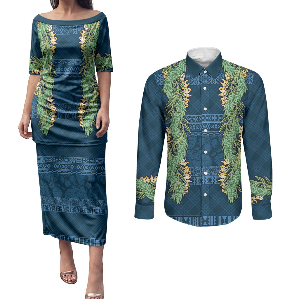 Hawai'i Paniolo Maile Twisted Lei Couples Matching Puletasi and Long Sleeve Button Shirt Cobalt Blue LT7 Cobalt Blue - Polynesian Pride
