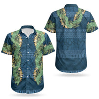 Hawai'i Paniolo Maile Twisted Lei Couples Matching Short Sleeve Bodycon Dress and Hawaiian Shirt Cobalt Blue LT7 - Polynesian Pride