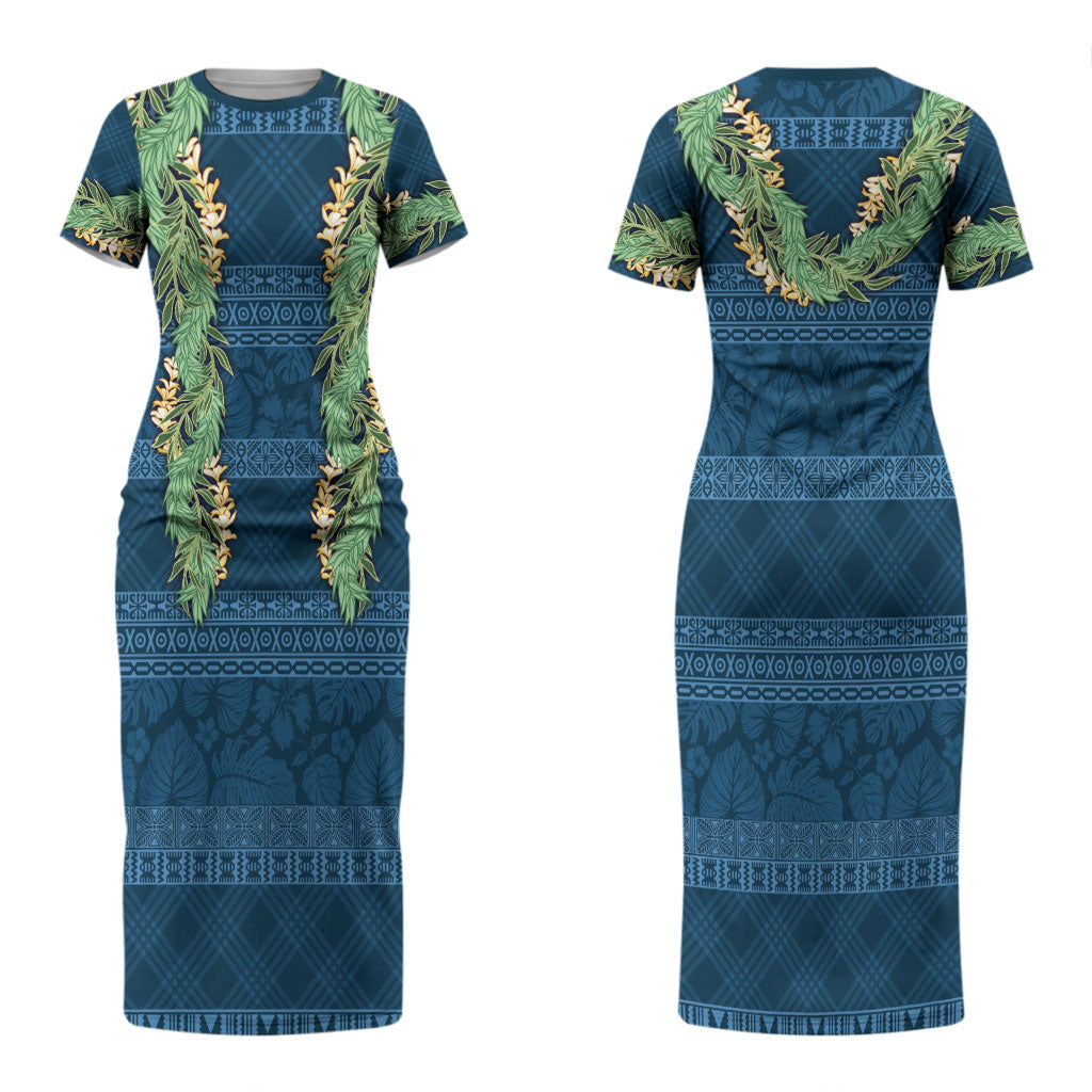 Hawai'i Paniolo Maile Twisted Lei Couples Matching Short Sleeve Bodycon Dress and Long Sleeve Button Shirt Cobalt Blue LT7 - Polynesian Pride