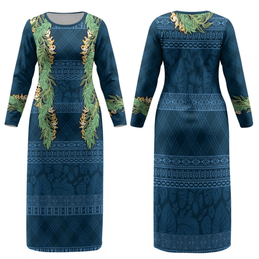 Hawai'i Paniolo Maile Twisted Lei Family Matching Long Sleeve Bodycon Dress and Hawaiian Shirt Cobalt Blue LT7 Mom's Dress Cobalt Blue - Polynesian Pride