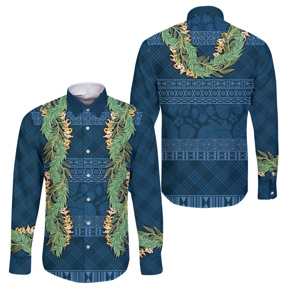 Hawai'i Paniolo Maile Twisted Lei Family Matching Long Sleeve Bodycon Dress and Hawaiian Shirt Cobalt Blue LT7 Dad's Shirt - Long Sleeve Cobalt Blue - Polynesian Pride