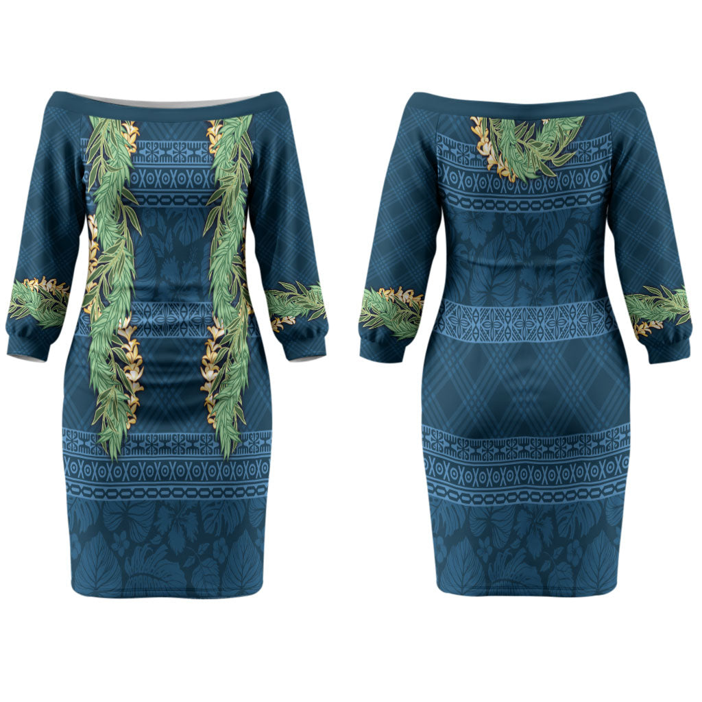 Hawai'i Paniolo Maile Twisted Lei Family Matching Off The Shoulder Long Sleeve Dress and Hawaiian Shirt Cobalt Blue LT7 Mom's Dress Cobalt Blue - Polynesian Pride