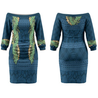 Hawai'i Paniolo Maile Twisted Lei Family Matching Off The Shoulder Long Sleeve Dress and Hawaiian Shirt Cobalt Blue LT7 Mom's Dress Cobalt Blue - Polynesian Pride