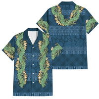 Hawai'i Paniolo Maile Twisted Lei Family Matching Off The Shoulder Long Sleeve Dress and Hawaiian Shirt Cobalt Blue LT7 Dad's Shirt - Short Sleeve Cobalt Blue - Polynesian Pride