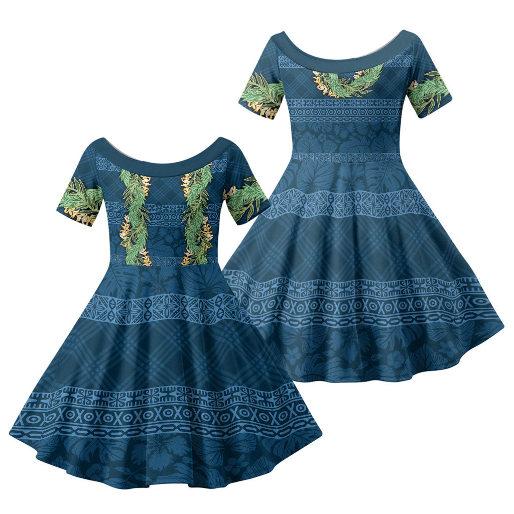 Hawai'i Paniolo Maile Twisted Lei Family Matching Off The Shoulder Long Sleeve Dress and Hawaiian Shirt Cobalt Blue LT7 Daughter's Dress Cobalt Blue - Polynesian Pride