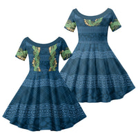 Hawai'i Paniolo Maile Twisted Lei Family Matching Off The Shoulder Long Sleeve Dress and Hawaiian Shirt Cobalt Blue LT7 Daughter's Dress Cobalt Blue - Polynesian Pride