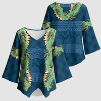 Hawai'i Paniolo Maile Twisted Lei Kimono Sleeve Blouse Cobalt Blue LT7 - Polynesian Pride