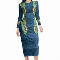 Hawai'i Paniolo Maile Twisted Lei Long Sleeve Bodycon Dress Cobalt Blue LT7 Long Dress Cobalt Blue - Polynesian Pride