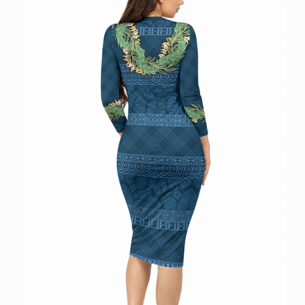 Hawai'i Paniolo Maile Twisted Lei Long Sleeve Bodycon Dress Cobalt Blue LT7 - Polynesian Pride