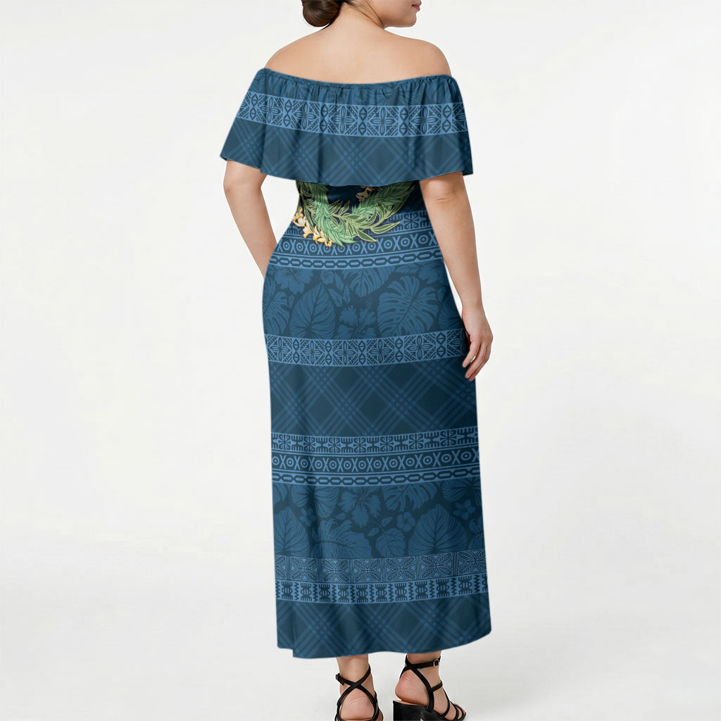Hawai'i Paniolo Maile Twisted Lei Off Shoulder Maxi Dress Cobalt Blue LT7 - Polynesian Pride