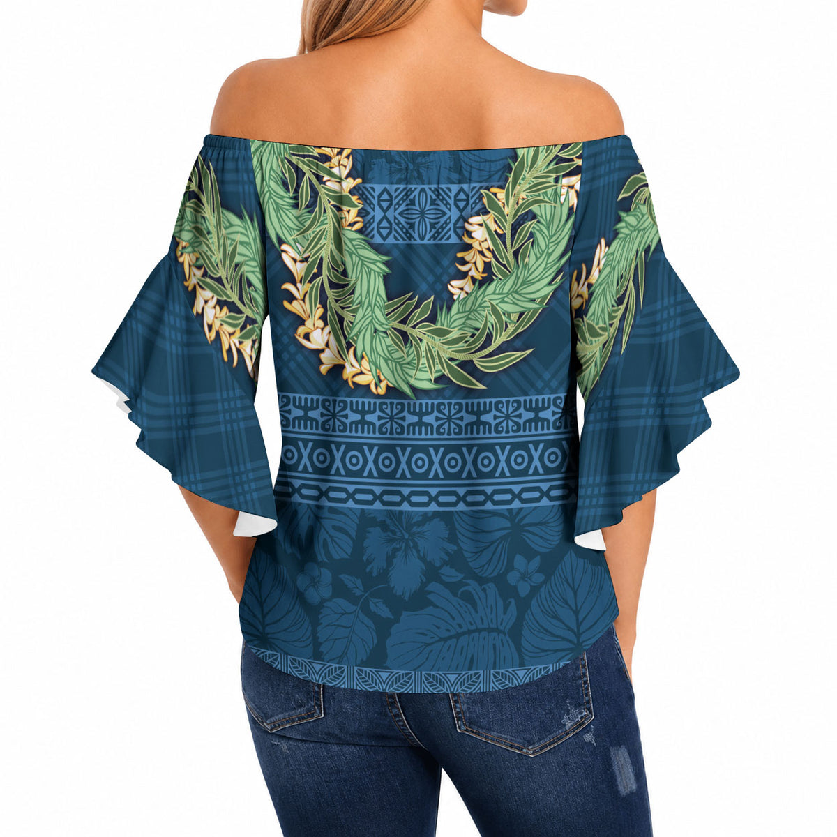 Hawai'i Paniolo Maile Twisted Lei Off Shoulder Wrap Waist Top Cobalt Blue LT7 - Polynesian Pride